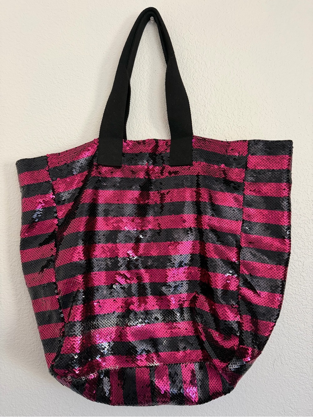 PINK Victoria's Secret Hot Pink and Black Sequin Stripe Tote - Picture 2 of 4